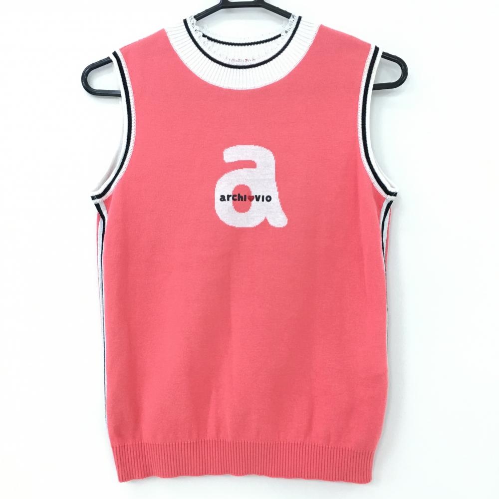 【美品】アルチビオ ニットベスト サーモンピンク×白 ハイネック 後ろ透かし編み レディース 36(Ｓ) ゴルフウェア archivio