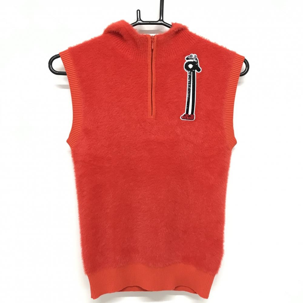 【超美品】アルチビオ フード付きニットベスト オレンジ系×黒 ハーフジップ ファー レディース 36(S) ゴルフウェア 2024年モデル archivio