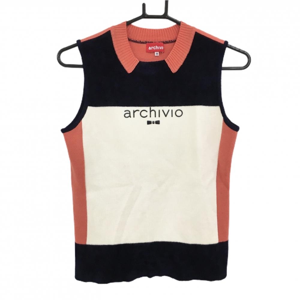 【超美品】アルチビオ ニットベスト ネイビー×白×オレンジ系 ウール混 レディース 36(S) ゴルフウェア archivio