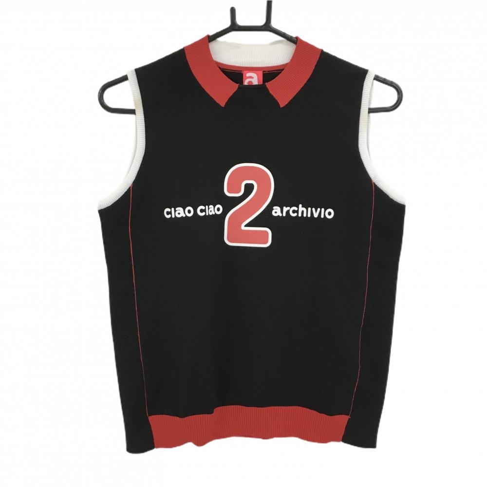 アルチビオ ニットベスト 黒×レッド×白 背面透かし編み  レディース 38(M) ゴルフウェア archivio