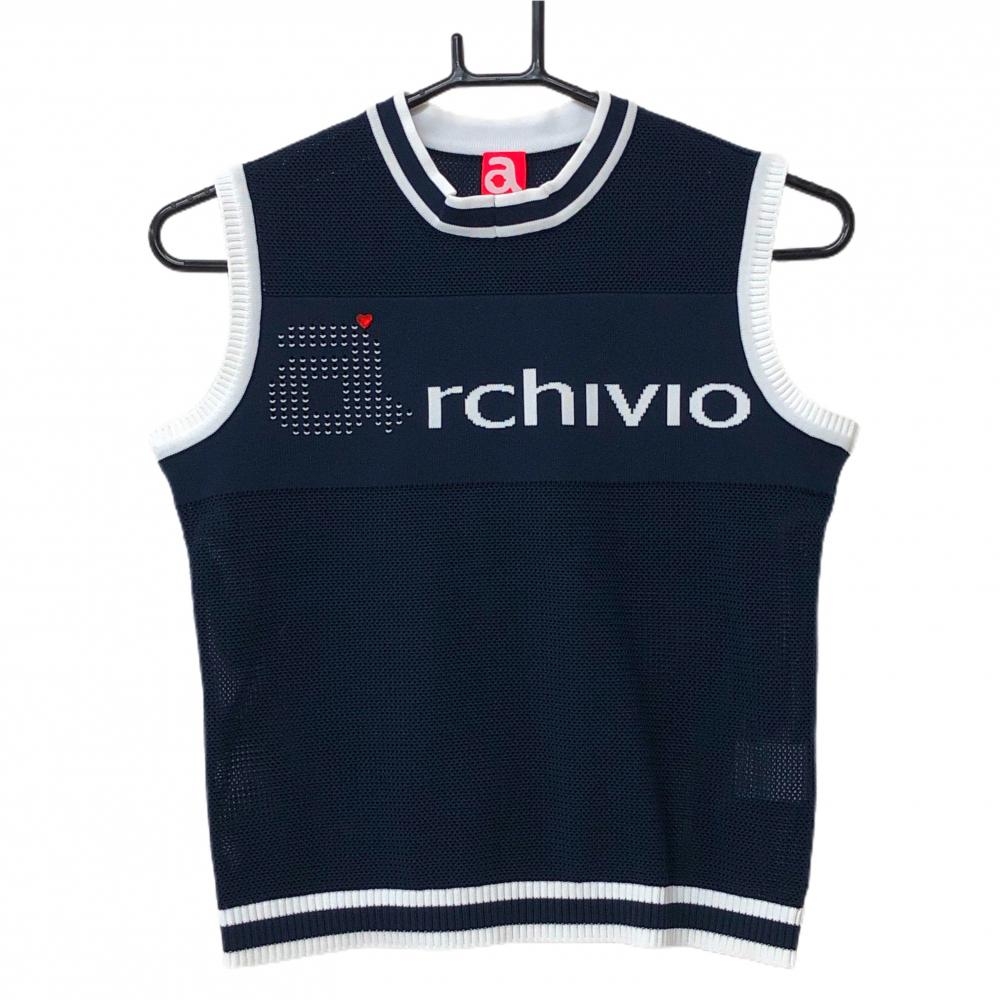 【超美品】アルチビオ ニットベスト ネイビー×白 メッシュ  レディース 36(S) ゴルフウェア archivio