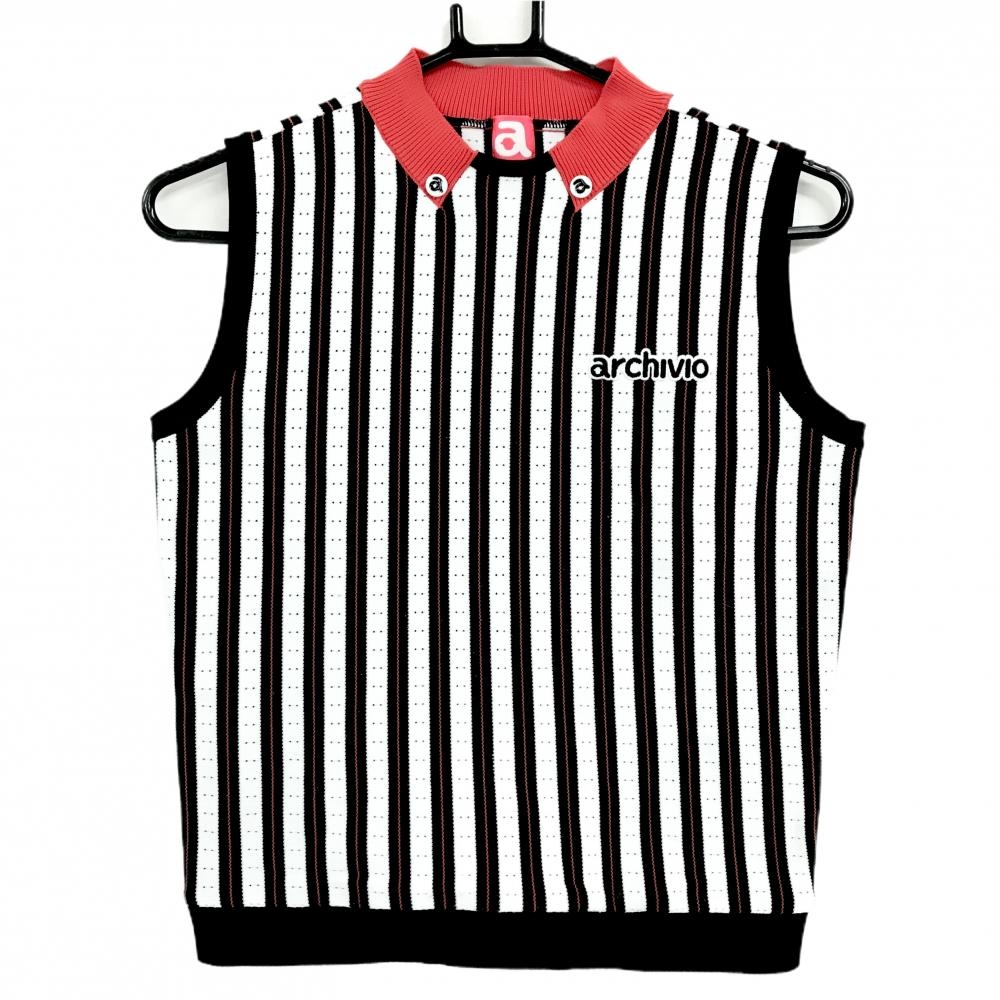 【超美品】アルチビオ ニットベスト 白×黒 ストライプ ロゴ  レディース 36(S) ゴルフウェア archivio