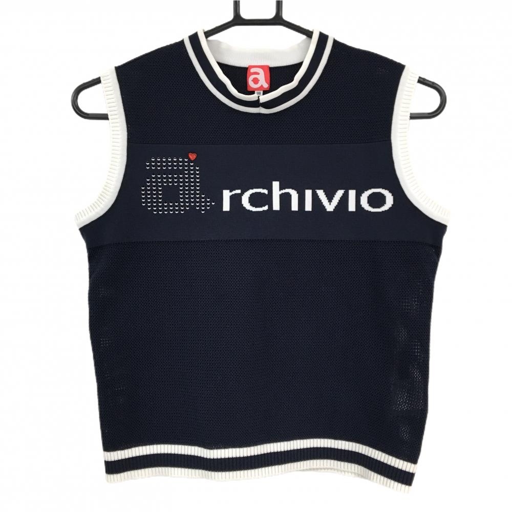 【超美品】アルチビオ ニットベスト ネイビー×白 透かし編み レディース 38(M) ゴルフウェア archivio