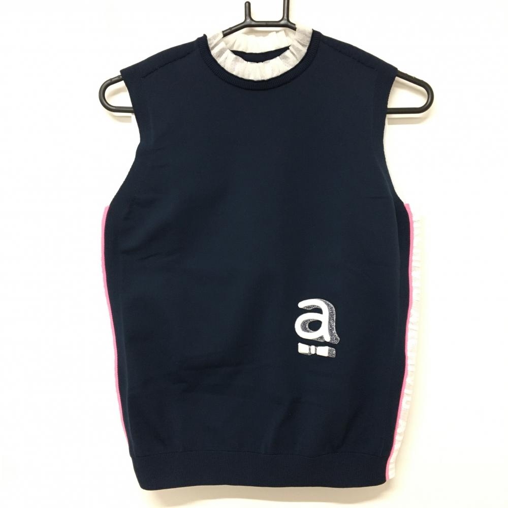 【超美品】アルチビオ ニットベスト ネイビー×白 ネックフリル 背面透かし編み レディース S ゴルフウェア archivio
