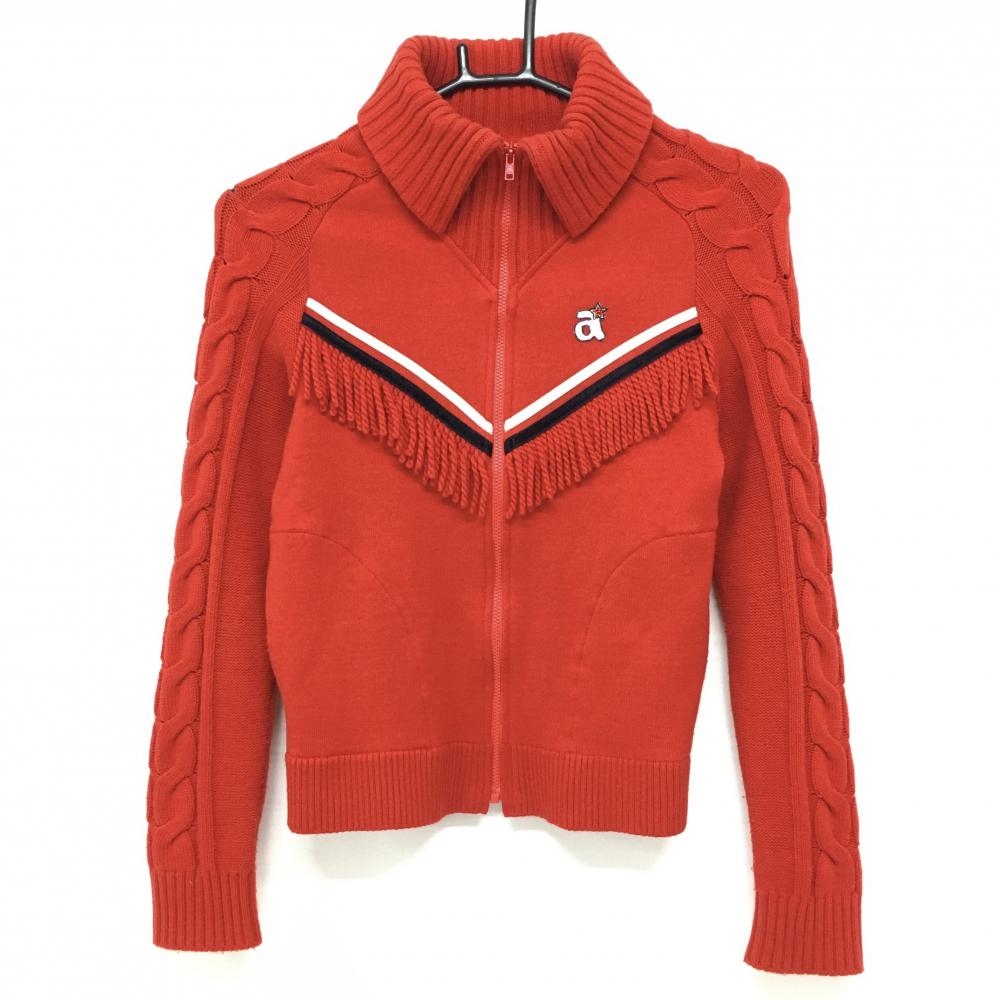 アルチビオ ニットジャケット レッド×白×ネイビー 胸フリンジ ウール混 レディース 36(S) ゴルフウェア archivio