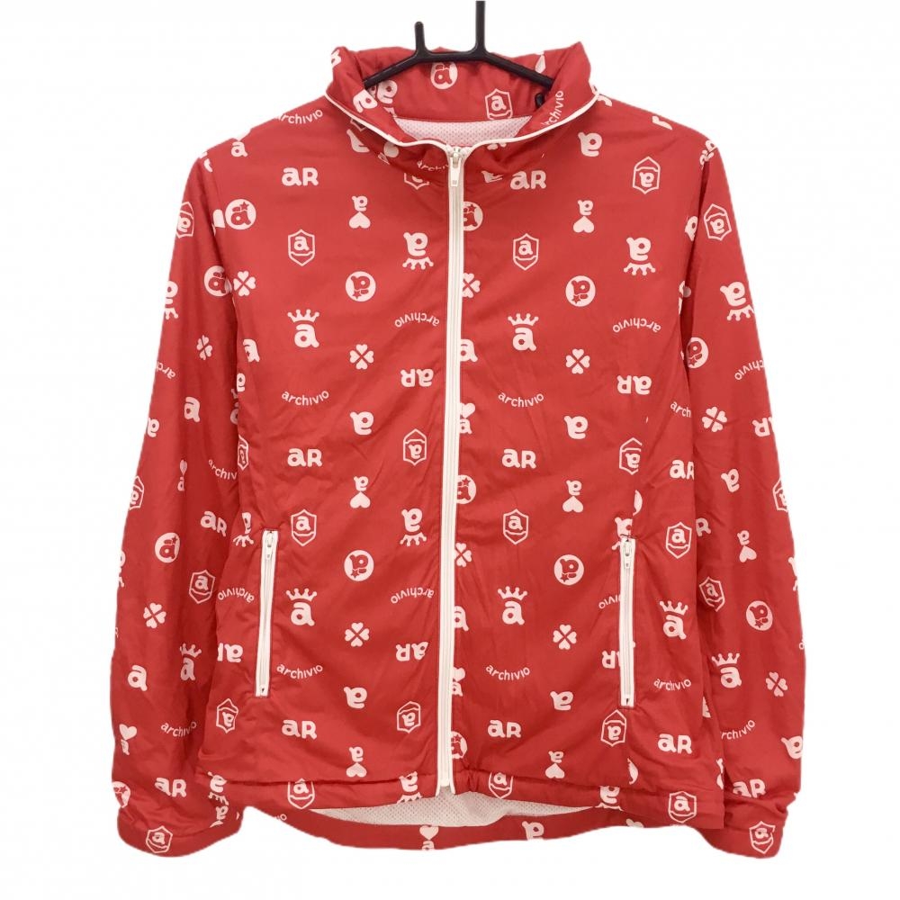 【超美品】アルチビオ ジャケット レッド×白 ロゴ総柄 裏地メッシュ裏微起毛  レディース 38(M) ゴルフウェア archivio