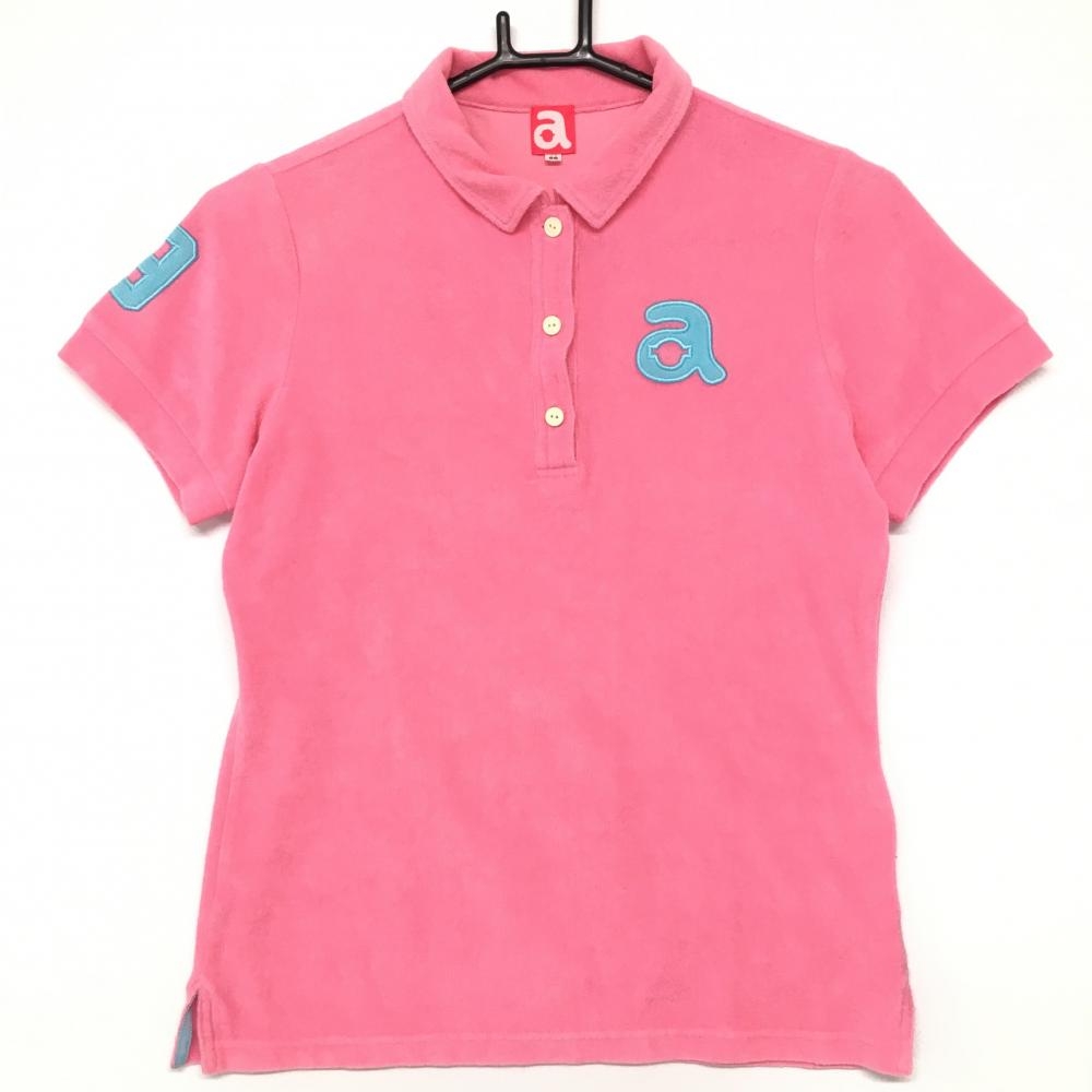 【美品】アルチビオ 半袖ポロシャツ ピンク ロゴライトグレー パイル地  レディース 38 ゴルフウェア archivio