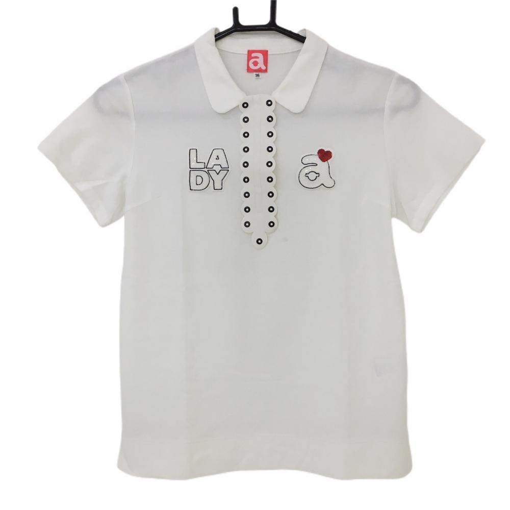アルチビオ 半袖ポロシャツ 白×黒 前立て異素材 一部合皮 スパンコールロゴ  レディース 36 ゴルフウェア archivio 画像