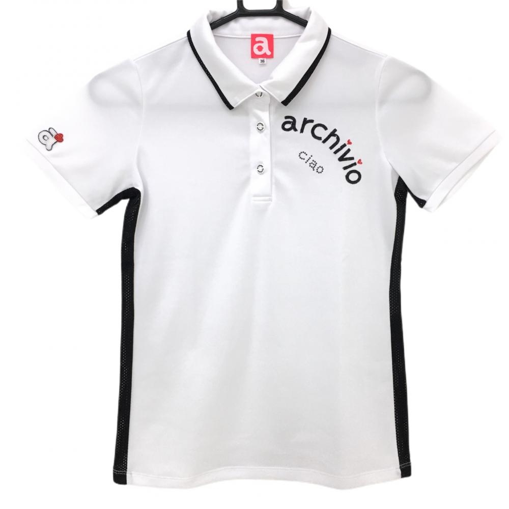 【美品】アルチビオ 半袖ポロシャツ 白×黒 サイドメッシュ スパンコールロゴ レディース 36 ゴルフウェア archivio 画像