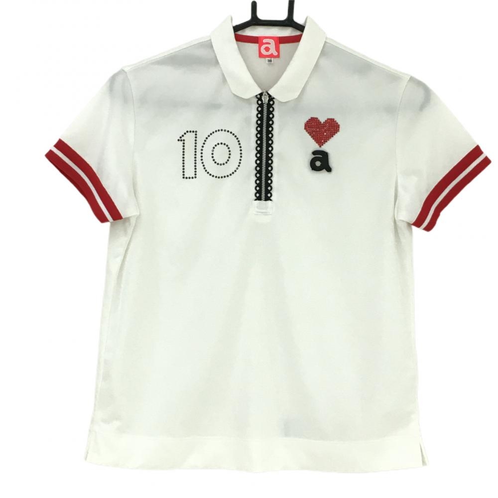 アルチビオ 半袖ポロシャツ 白×レッド ハーフジップ ラインストーン  レディース 38 ゴルフウェア archivio