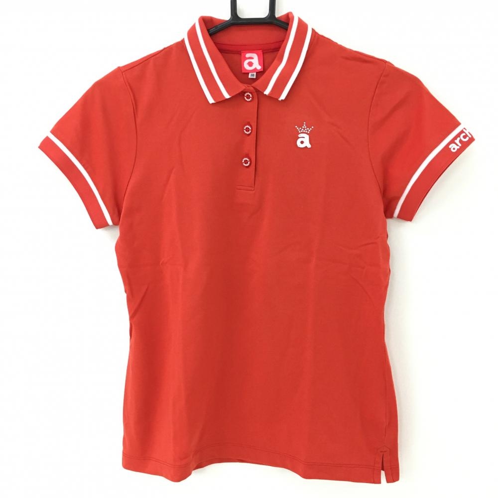 【美品】アルチビオ 半袖ポロシャツ レッド×白 袖ロゴ 襟ライン レディース 38(M) ゴルフウェア archivio