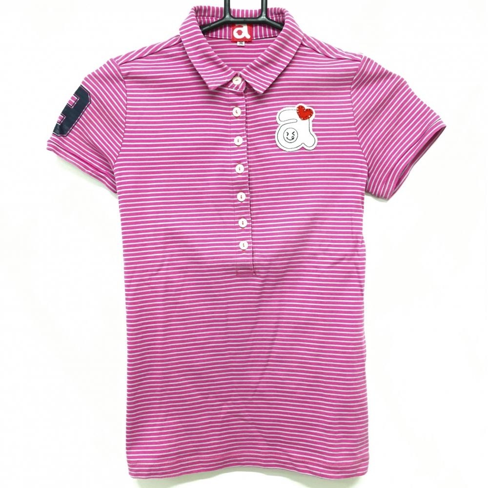 【美品】アルチビオ 半袖ポロシャツ ピンク×グレー ボーダー ワッペン レディース 36(S) ゴルフウェア archivio