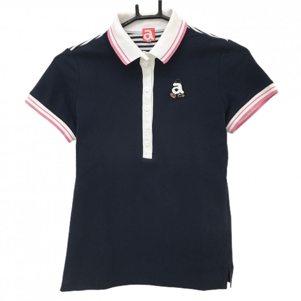 【美品】アルチビオ 半袖ポロシャツ　ネイビー×白 襟・袖口ライン ワッペン  レディース 36(S) ゴルフウェア archivio