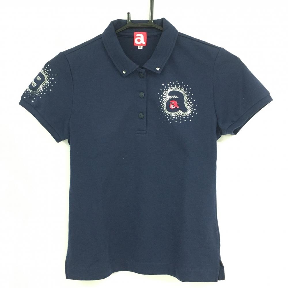 【超美品】アルチビオ 半袖ポロシャツ ネイビー×シルバー スパンコールロゴ レディース 36(S) ゴルフウェア archivio