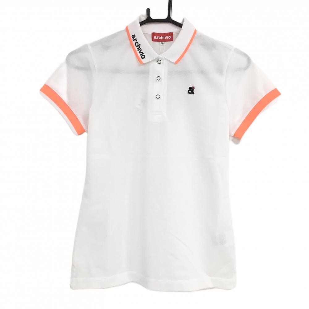 【新品】アルチビオ 半袖ポロシャツ 白×蛍光オレンジ 襟ロゴプリント レディース 36(S) ゴルフウェア archivio