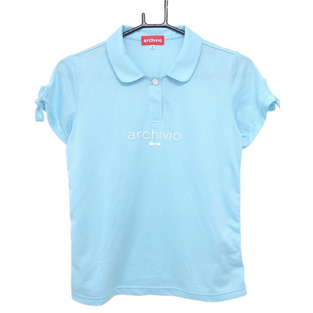 【美品】アルチビオ 半袖ポロシャツ ライトブルー×白 メッシュ生地 袖リボン フロントロゴ レディース 38(M) ゴルフウェア archivio