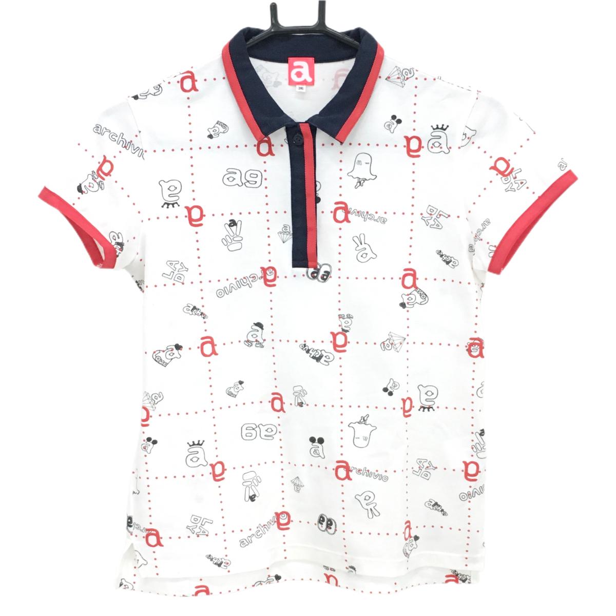 アルチビオ 半袖ポロシャツ 白×レッド×ネイビー 総柄 一部スナップボタン レディース 36(S) ゴルフウェア archivio