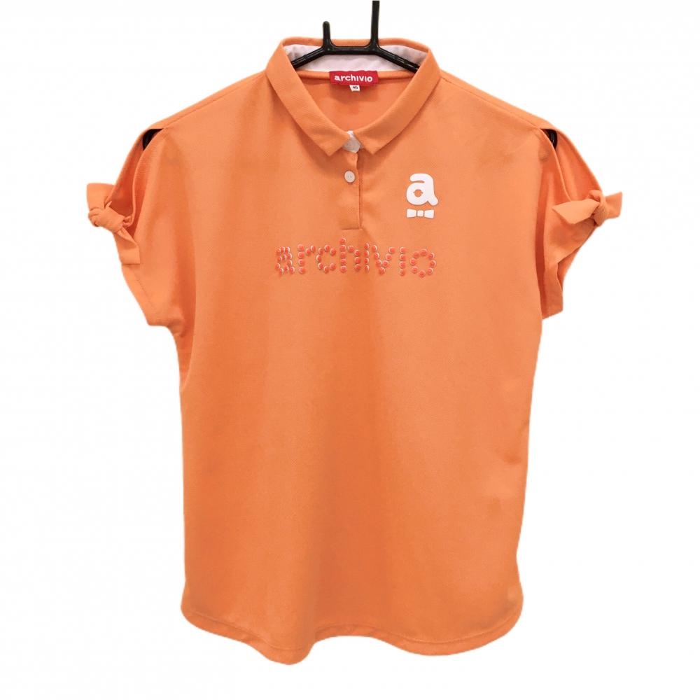 【美品】アルチビオ 半袖ポロシャツ オレンジ系×白 フロント立体ロゴ 袖口リボン レディース 40(L) ゴルフウェア archivio