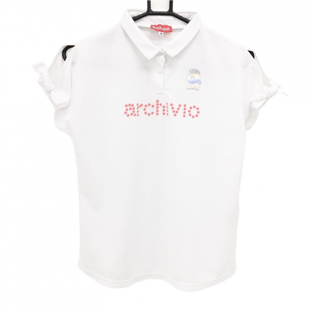 【超美品】アルチビオ 半袖ポロシャツ 白×ピンク フロント立体ロゴ 袖口リボン レディース 38(M) ゴルフウェア archivio