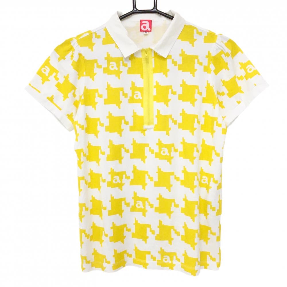 【美品】アルチビオ 半袖ポロシャツ 白×イエロー 千鳥格子 ハーフジップ レディース 38(M) ゴルフウェア archivio