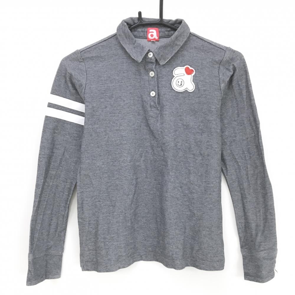 【美品】アルチビオ 長袖ポロシャツ グレー系 袖白ライン ロゴワッペン レディース 40(L) ゴルフウェア archivio