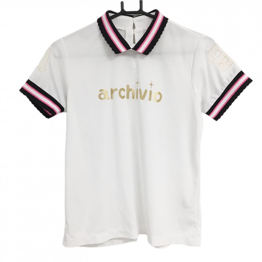【美品】アルチビオ 襟付き半袖シャツ 白×ネイビー 襟袖ライン レディース 38(M) ゴルフウェア archivio