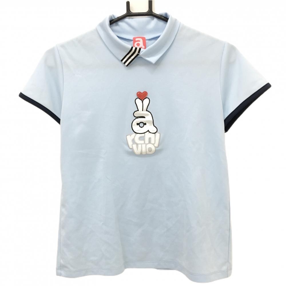 【美品】アルチビオ 襟付半袖シャツ ライトブルー×ネイビー フロンワッペン 背面ライン レディース 40(L) ゴルフウェア archivio