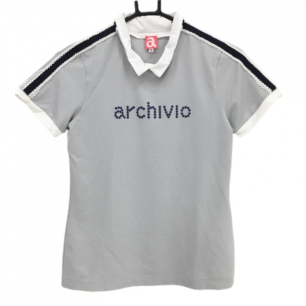 【美品】アルチビオ 襟付き半袖シャツ グレー×ネイビー 袖レース スタッズロゴ レディース 36(S) ゴルフウェア archivio
