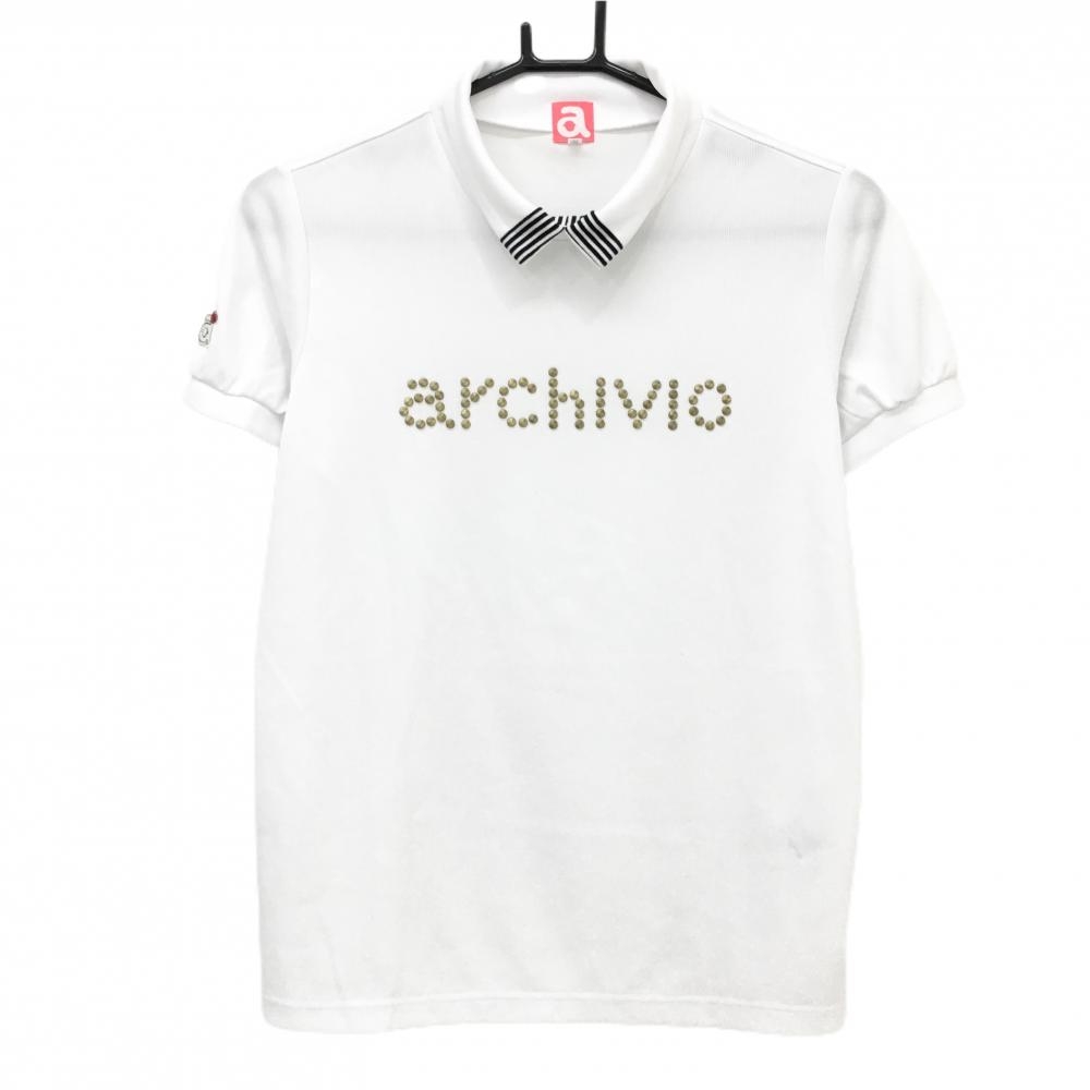 【超美品】アルチビオ 襟付き半袖シャツ 白 ネック一部ストライプ ゴールドロゴ レディース 40(L) ゴルフウェア archivio