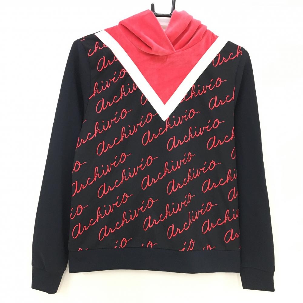 【超美品】アルチビオ フード付き長袖シャツ 黒×ピンク ロゴ総柄 フード起毛 レディース 36(S) ゴルフウェア archivio
