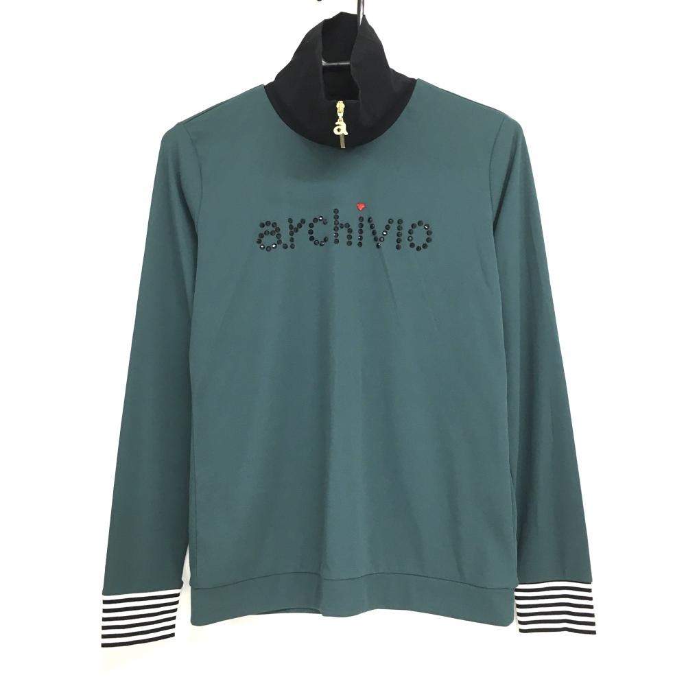 【美品】アルチビオ 長袖シャツ グリーン×黒 ジップ 胸ロゴ  レディース 38(M) ゴルフウェア archivio