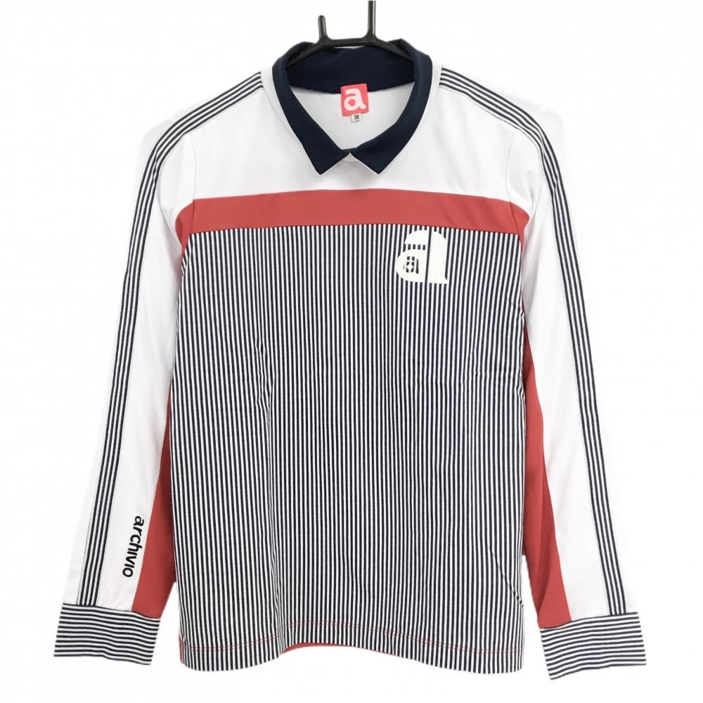 【美品】アルチビオ 襟付き長袖シャツ 白×ネイビー ストライプ レディース 36(S) ゴルフウェア archivio