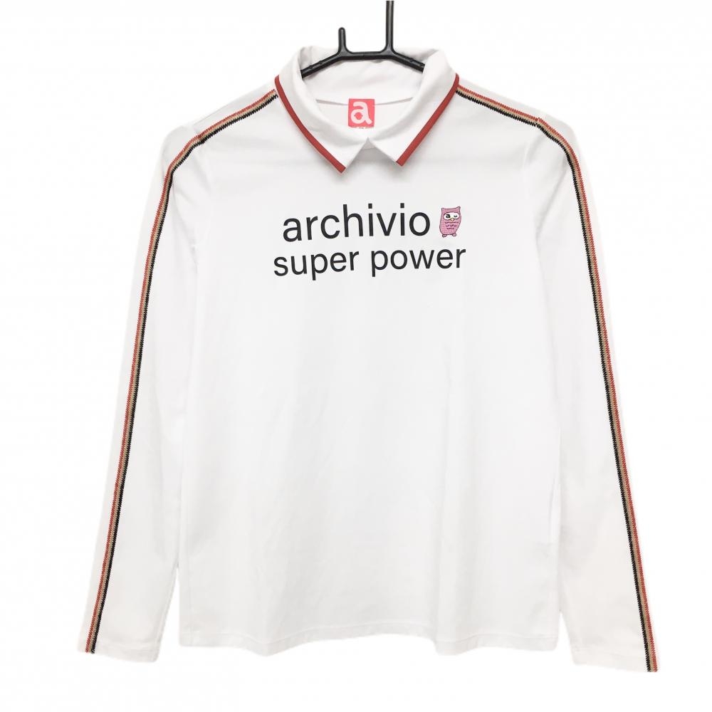 アルチビオ 襟付き長袖シャツ 白×レッド 肩・袖ライン ロゴプリント レディース 38(M) ゴルフウェア archivio