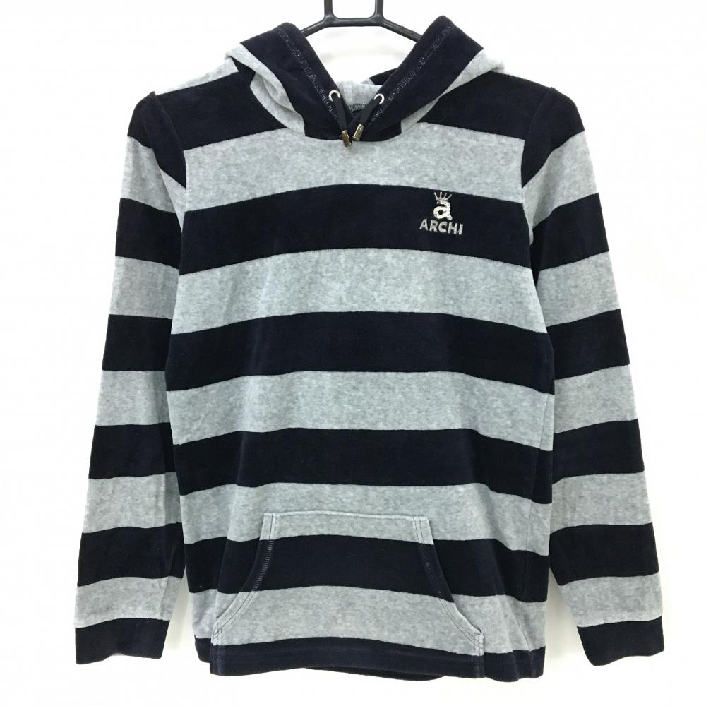 アルチビオ フード付長袖シャツ グレー×ダークネイビー ボーダー 起毛 胸ロゴ  レディース 38(M) ゴルフウェア archivio