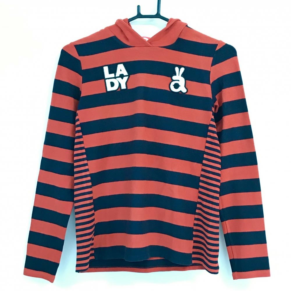 【美品】アルチビオ フード付長袖シャツ レッド系×ダークネイビー ボーダー 微起毛 フロントロゴ レディース 40(L) ゴルフウェア archivio