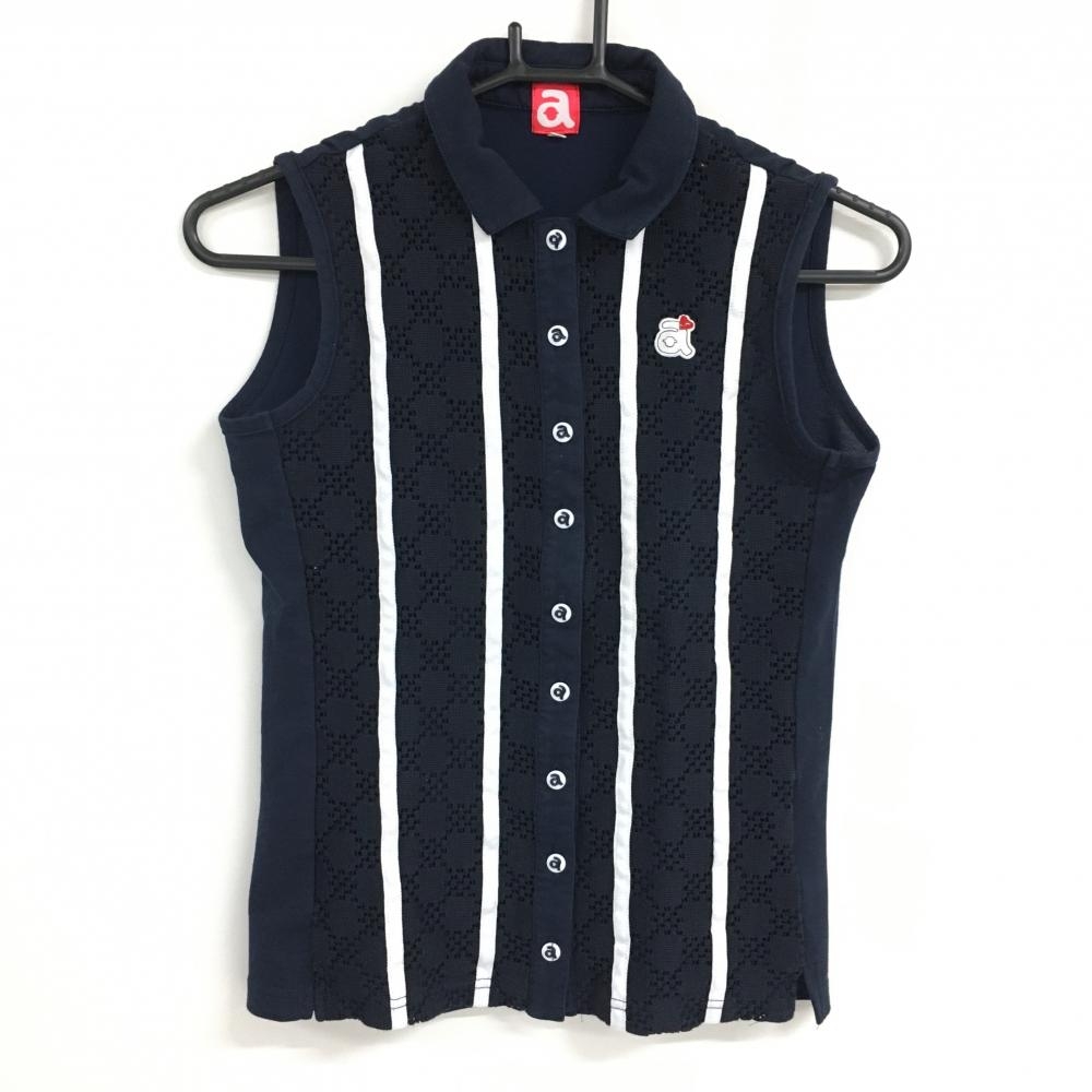 【美品】アルチビオ ノースリーブシャツ ネイビー×白 前面透かし編み 異素材 レディース 36(S) ゴルフウェア archivio