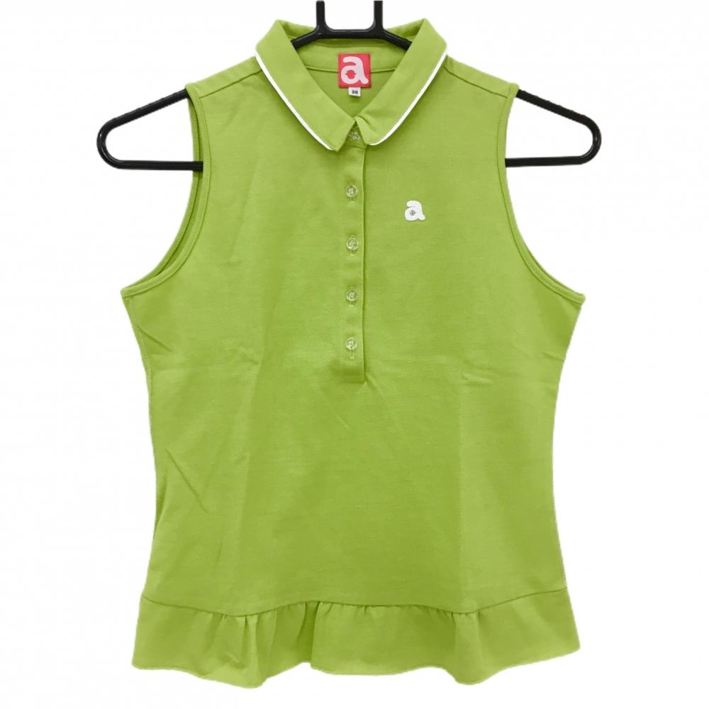 【超美品】アルチビオ ノースリーブポロシャツ グリーン ロゴ刺しゅう ラインストーン 裾フリル レディース 36(S) ゴルフウェア archivio