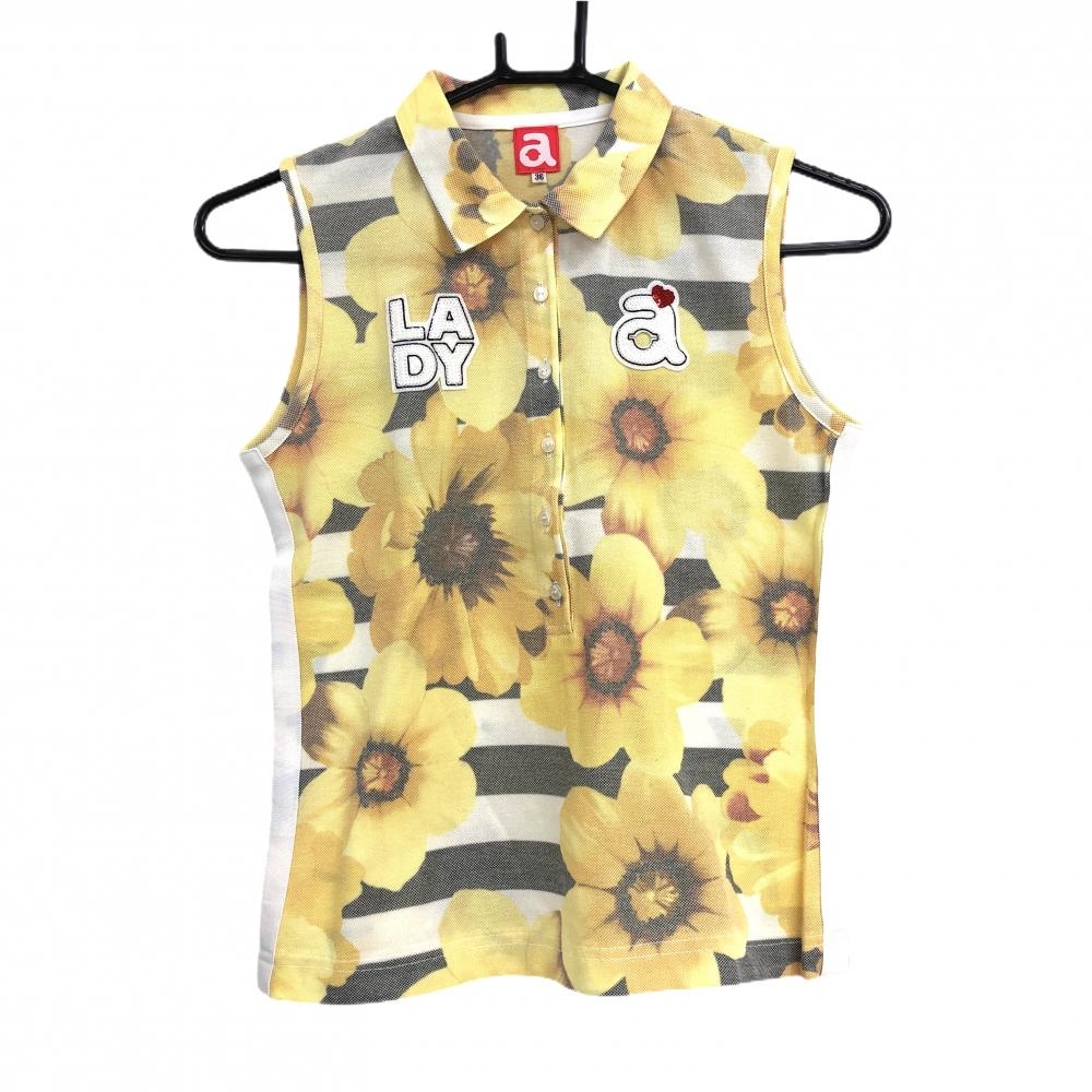 【美品】アルチビオ ノースリーブポロシャツ イエロー×白 花柄 レディース 36(S) ゴルフウェア archivio