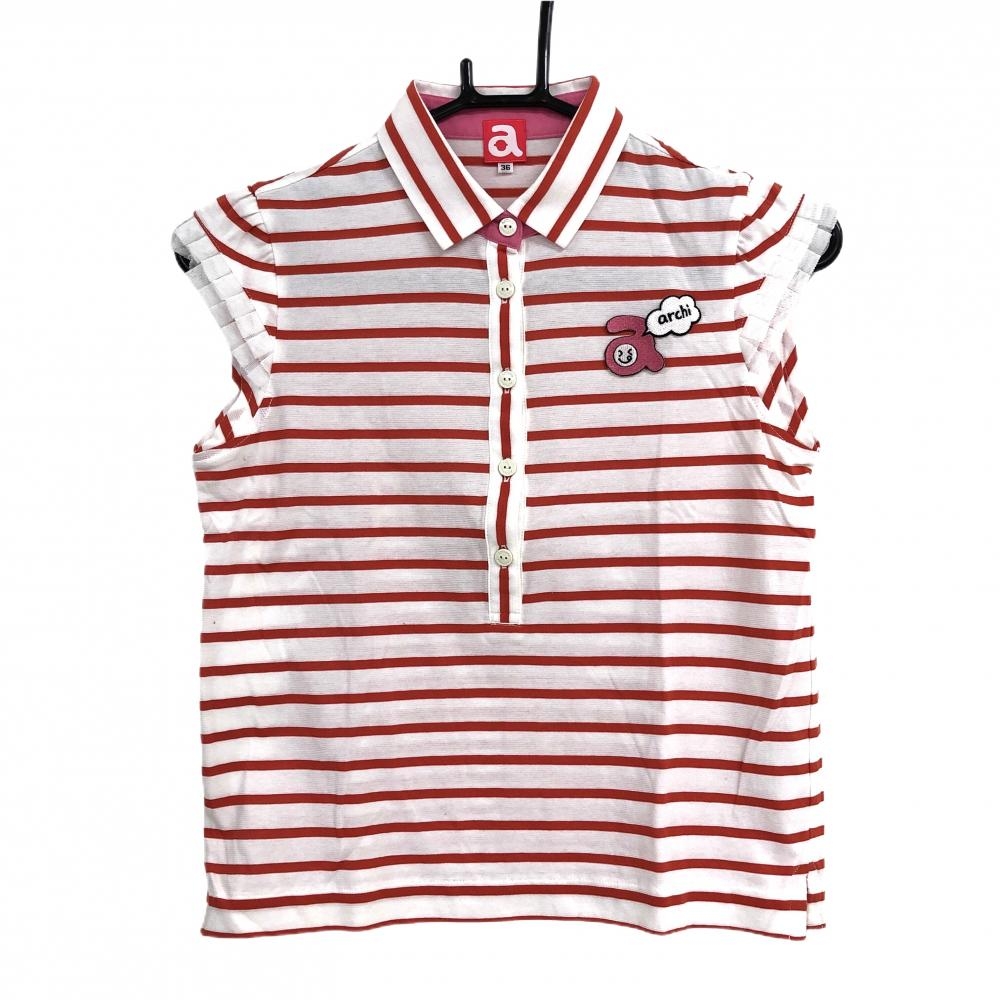 【美品】アルチビオ ノースリーブポロシャツ レッド×白 ボーダー 袖口レース レディース 36(S) ゴルフウェア archivio