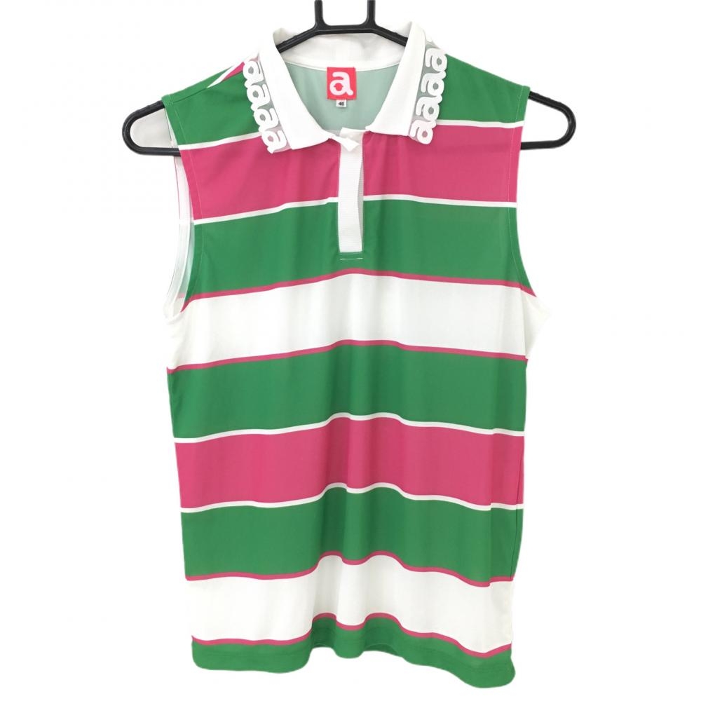 【超美品】アルチビオ ノースリーブポロシャツ 白×グリーン ボーダー 襟ロゴ レディース 40(L) ゴルフウェア archivio