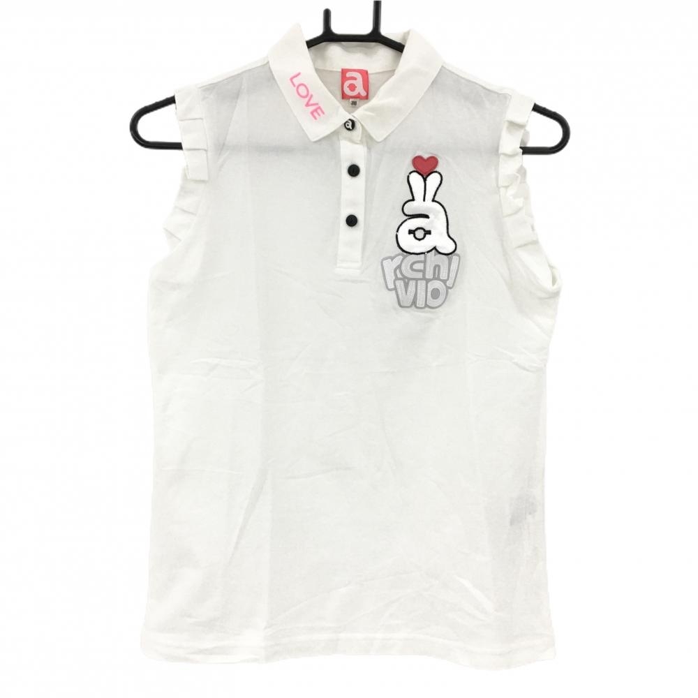 アルチビオ ノースリーブポロシャツ 白 襟ピンク刺しゅう ハート レディース 38(M) ゴルフウェア archivio