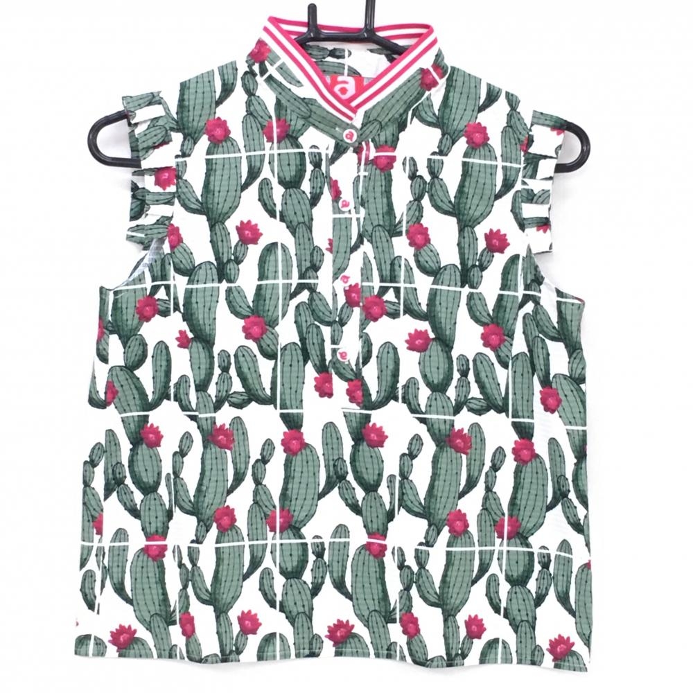 【超美品】アルチビオ ノースリーブポロシャツ 白×グリーン サボテン柄 メッシュ調 レディース 36(S) ゴルフウェア archivio