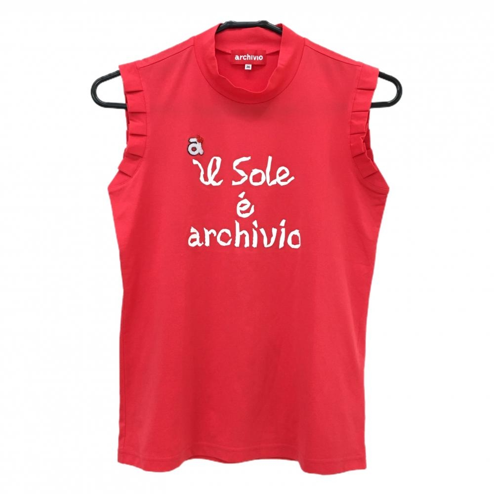 【超美品】アルチビオ ノースリーブハイネックシャツ レッド ロゴ白 ストレッチ  レディース 36(S) ゴルフウェア archivio
