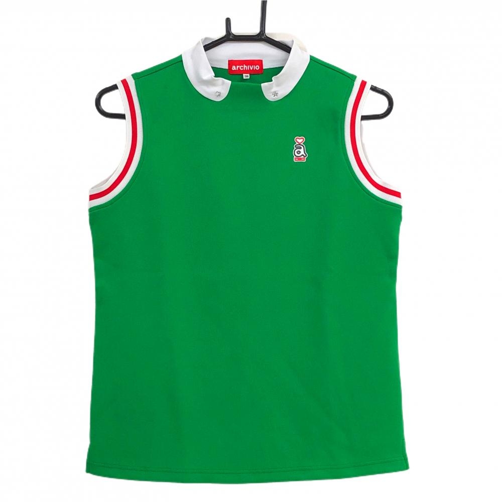 【超美品】アルチビオ ノースリーブハイネックシャツ グリーン ネック白 シリコンワッペン レディース 38(M) ゴルフウェア archivio