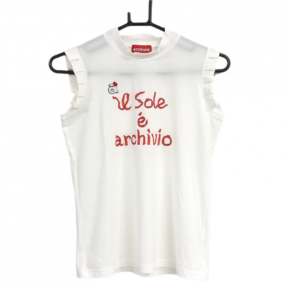 【超美品】アルチビオ ノースリーブハイネックシャツ 白 ロゴレッド ストレッチ レディース 36(S) ゴルフウェア archivio