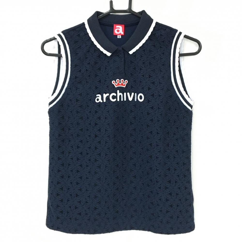 【超美品】アルチビオ ノースリーブポロシャツ ネイビー 前身頃花柄 フロントロゴ  レディース 36(S) ゴルフウェア archivio