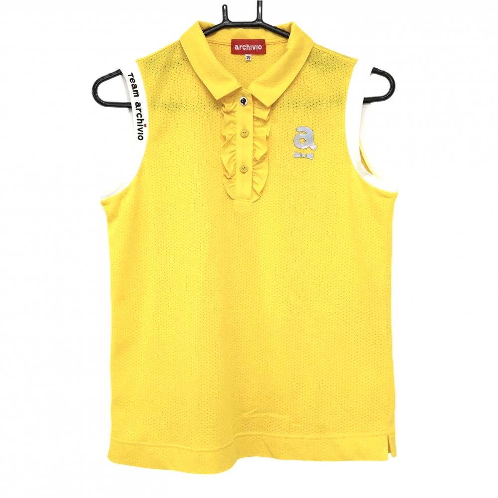 【超美品】アルチビオ ノースリーブポロシャツ イエロー×白 メッシュ調 前立てフリル  レディース 38(M) ゴルフウェア archivio