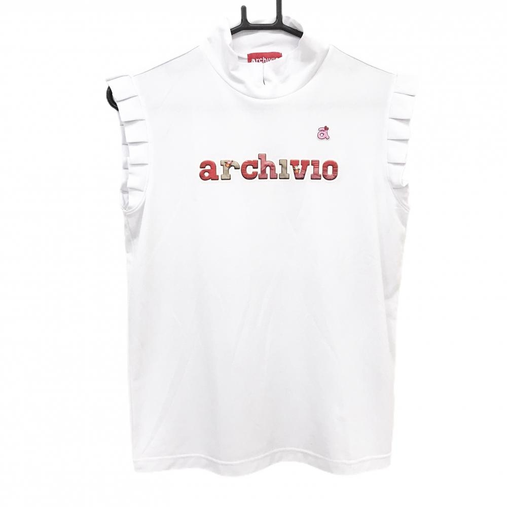 【美品】アルチビオ ノースリーブシャツ 白×レッド フロントロゴ 袖フリル  レディース 38(M) ゴルフウェア archivio