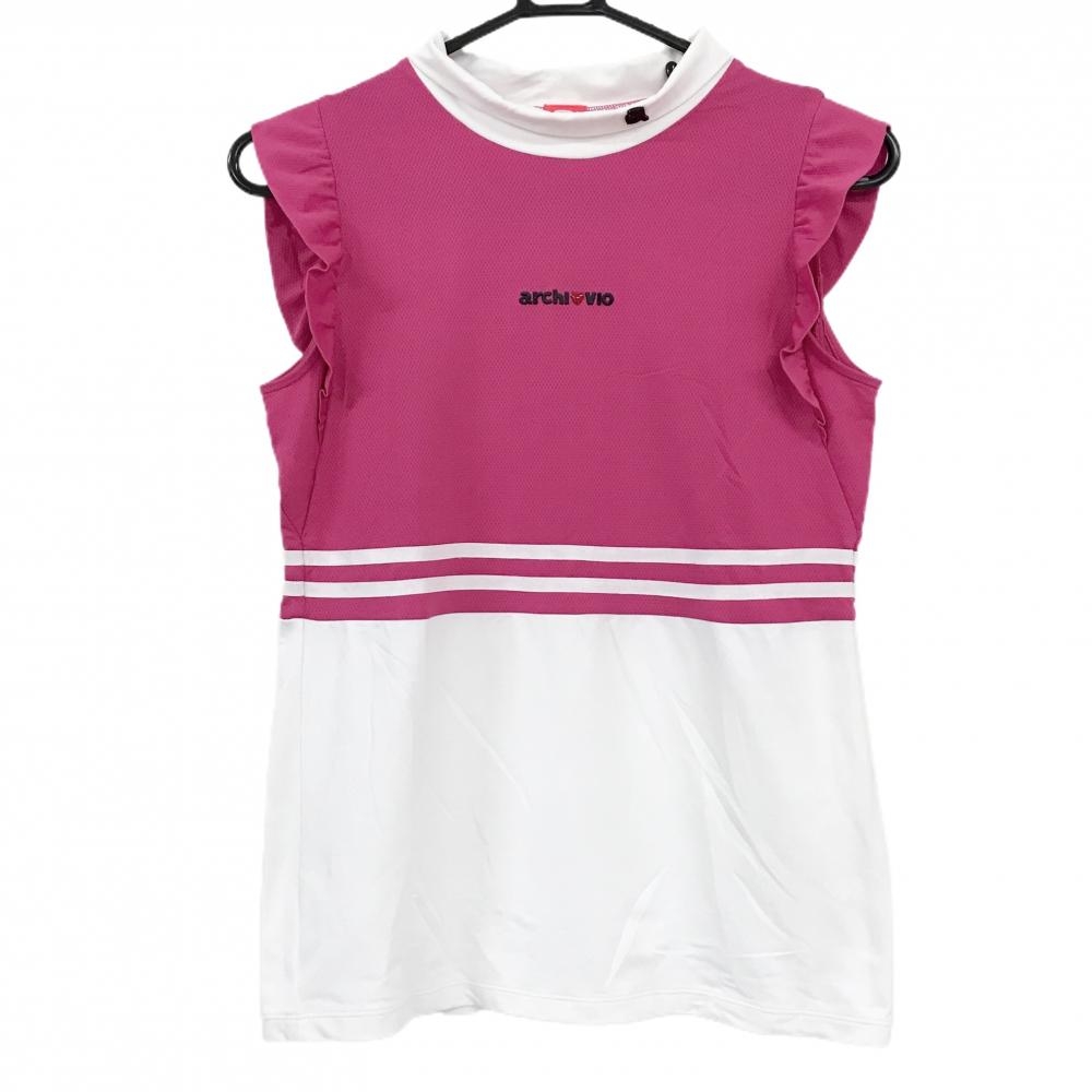【超美品】アルチビオ ノースリーブハイネックシャツ ピンク×白 袖フリル 胸下ライン  レディース 36(S) ゴルフウェア archivio