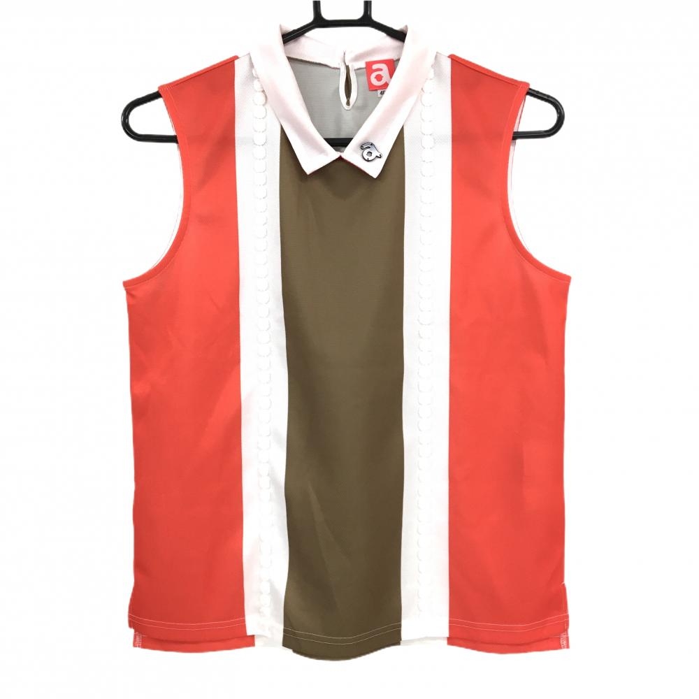 【超美品】アルチビオ 襟付ノースリーブシャツ ブラウン×白×レッド系 ストライプ レディース 40(L) ゴルフウェア archivio